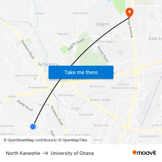 North Kaneshie to University of Ghana map
