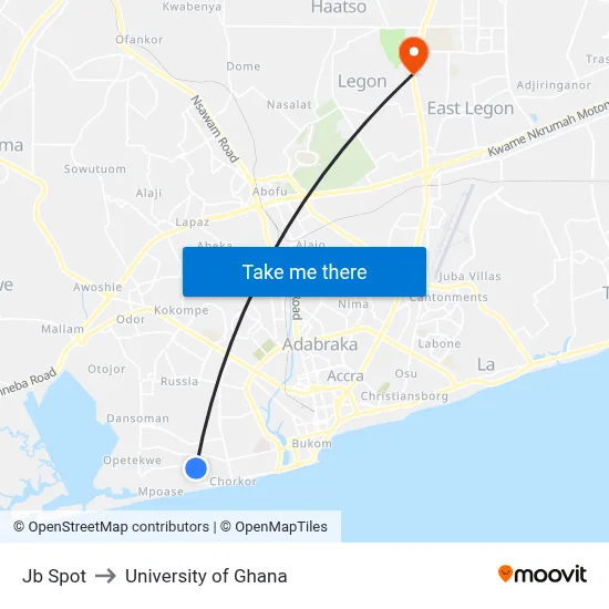Jb Spot to University of Ghana map