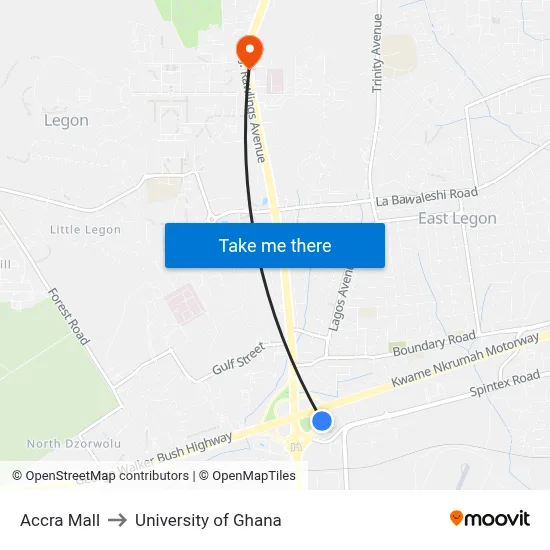Accra Mall to University of Ghana map