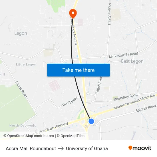 Accra Mall Roundabout to University of Ghana map