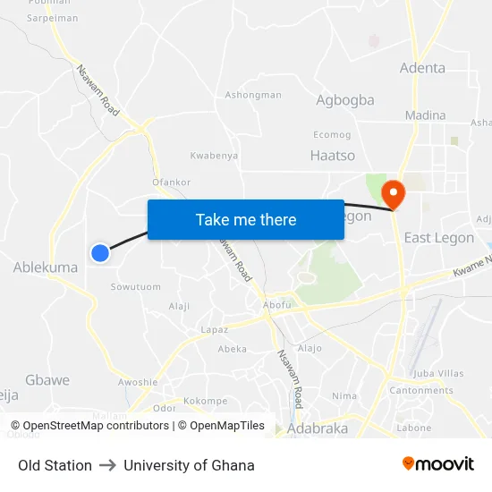 Old Station to University of Ghana map