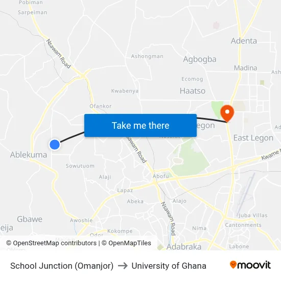 School Junction (Omanjor) to University of Ghana map