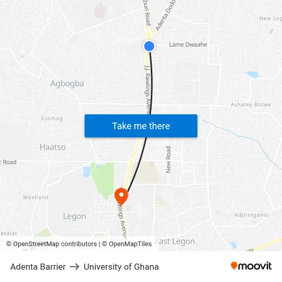Adenta Barrier to University of Ghana map