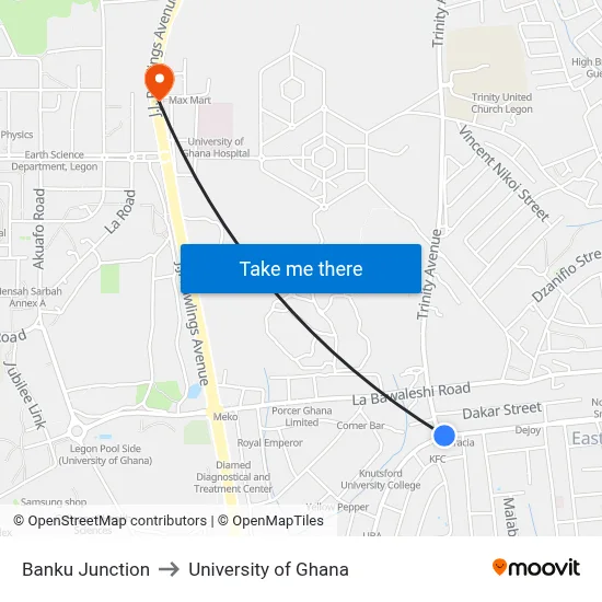 Banku Junction to University of Ghana map