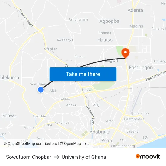 Sowutuom Chopbar to University of Ghana map
