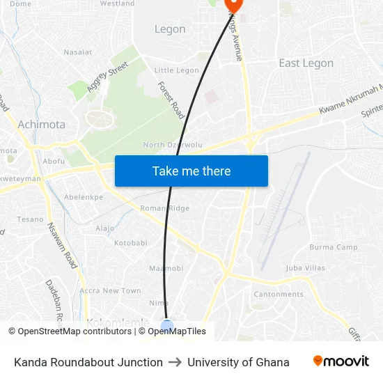 Kanda Roundabout Junction to University of Ghana map