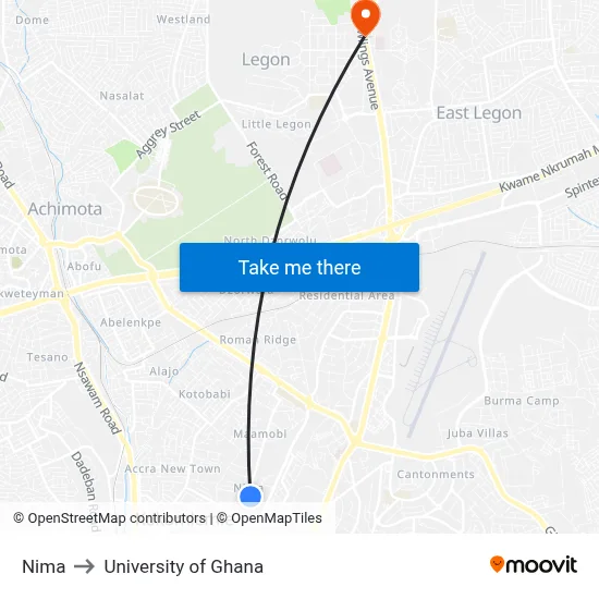 Nima to University of Ghana map