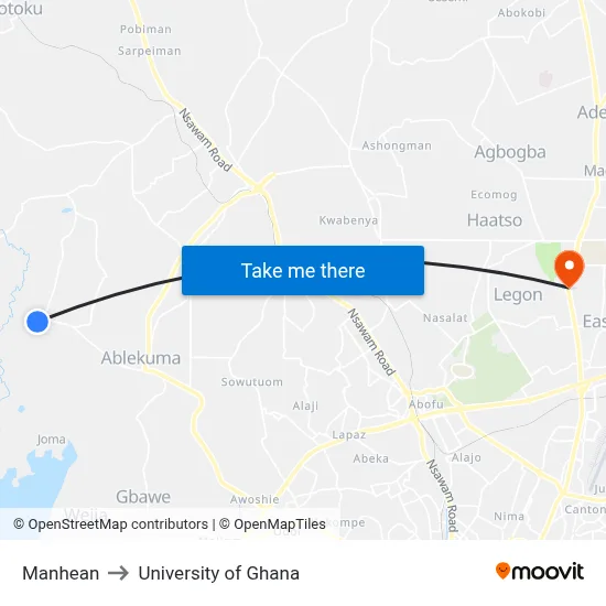 Manhean to University of Ghana map