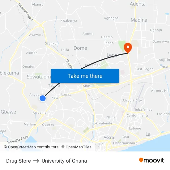 Drug Store to University of Ghana map