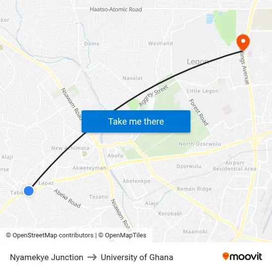 Nyamekye Junction to University of Ghana map