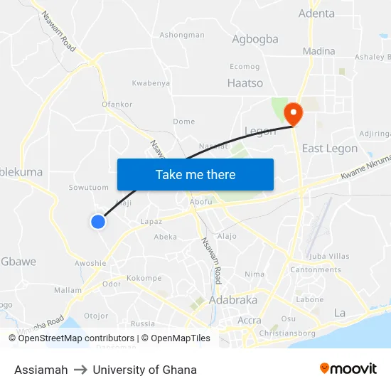 Assiamah to University of Ghana map