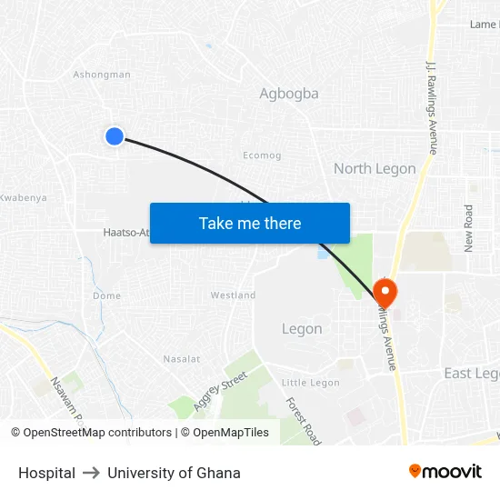 Hospital to University of Ghana map