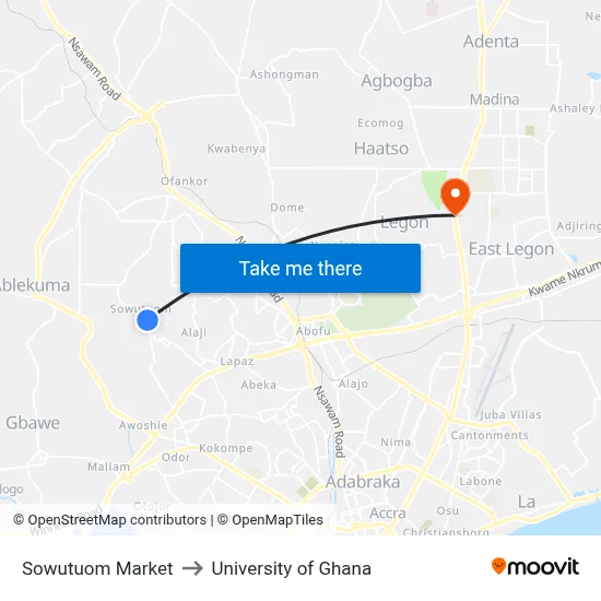 Sowutuom Market to University of Ghana map