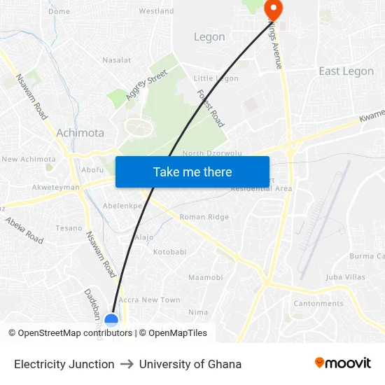 Electricity Junction to University of Ghana map