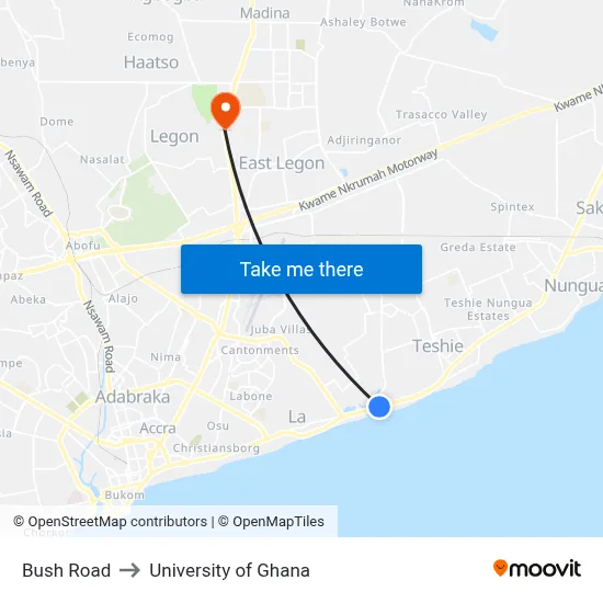 Bush Road to University of Ghana map