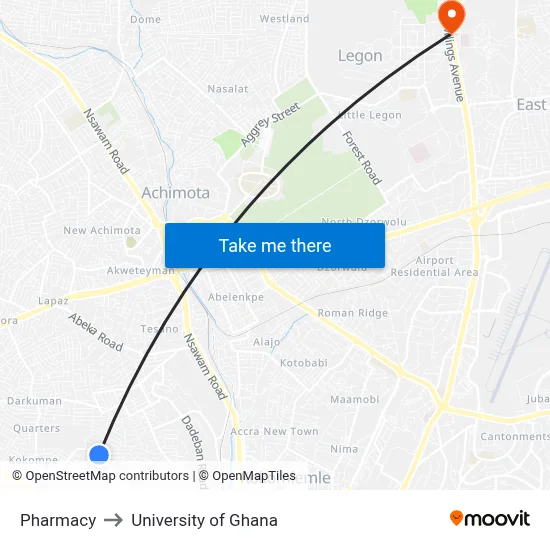 Pharmacy to University of Ghana map
