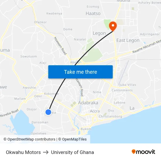 Okwahu Motors to University of Ghana map