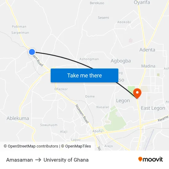Amasaman to University of Ghana map