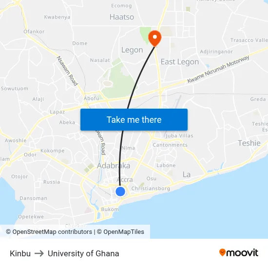 Kinbu to University of Ghana map