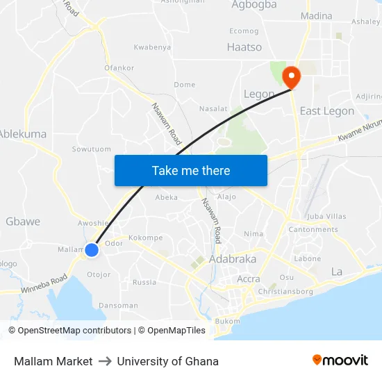 Mallam Market to University of Ghana map