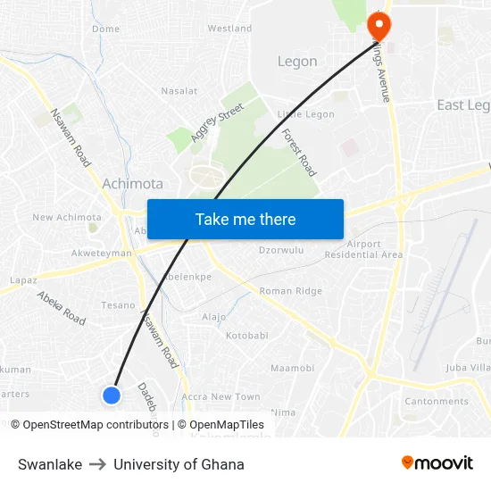 Swanlake to University of Ghana map
