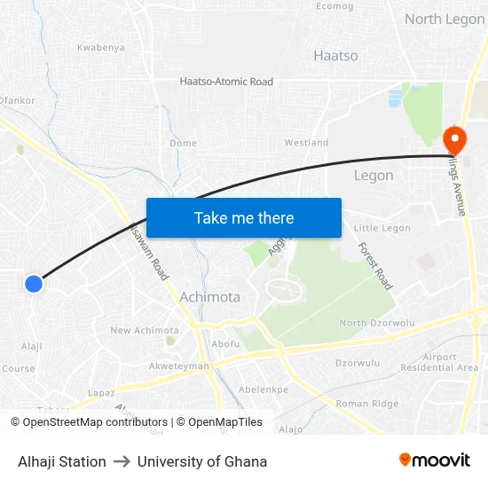 Alhaji Station to University of Ghana map