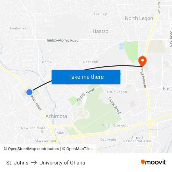 St. Johns to University of Ghana map