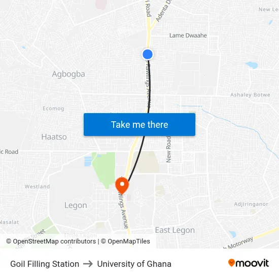 Goil Filling Station to University of Ghana map