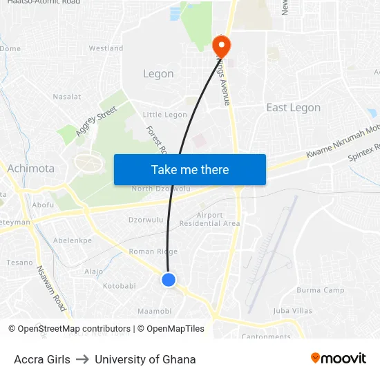 Accra Girls to University of Ghana map