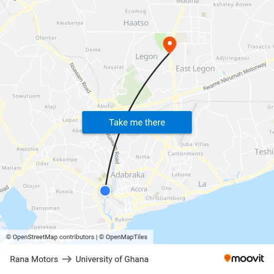 Rana Motors to University of Ghana map