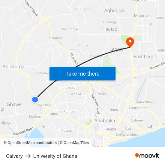 Calvary to University of Ghana map
