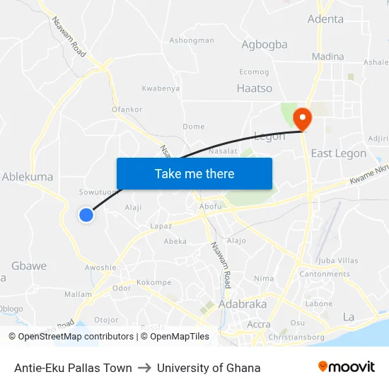 Antie-Eku Pallas Town to University of Ghana map