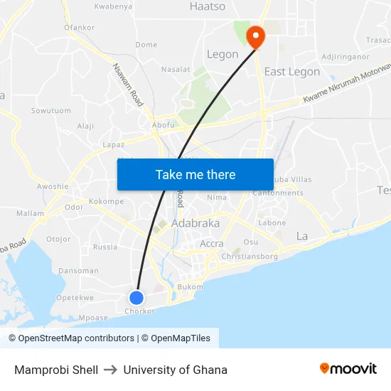Mamprobi Shell to University of Ghana map