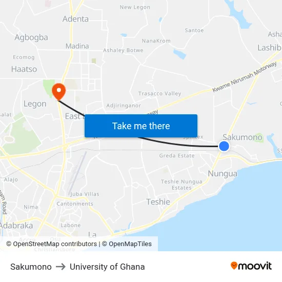 Sakumono to University of Ghana map