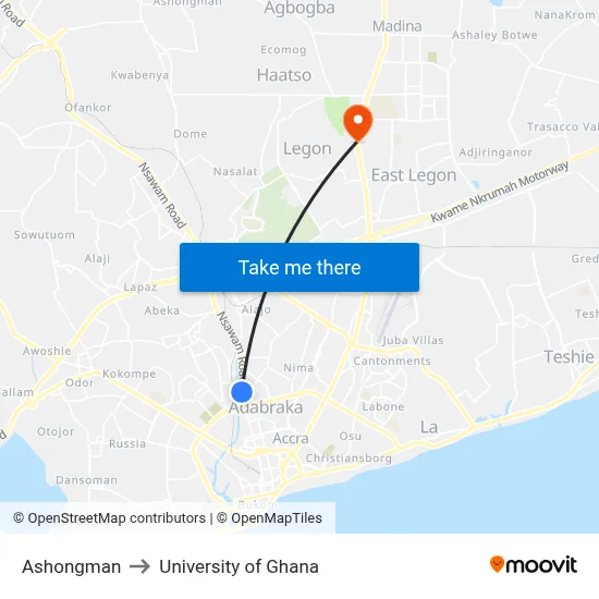 Ashongman to University of Ghana map