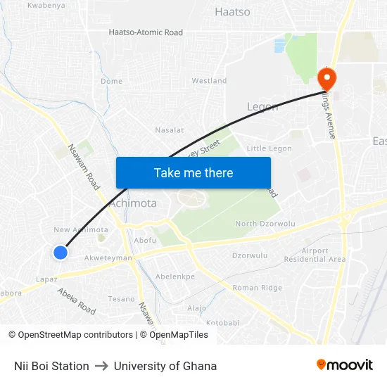 Nii Boi Station to University of Ghana map