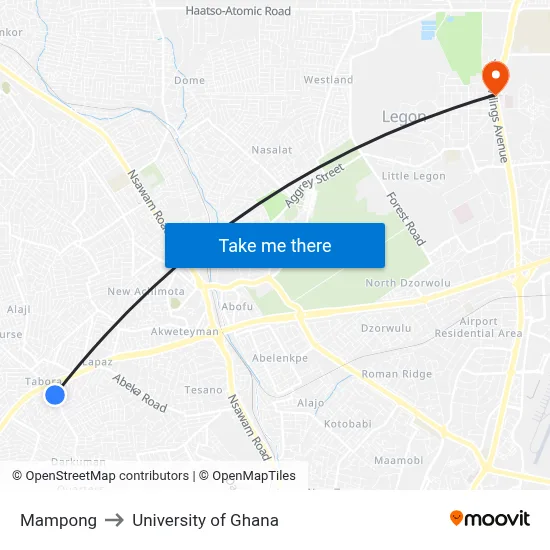 Mampong to University of Ghana map