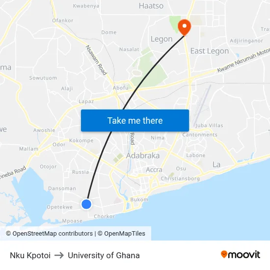 Nku Kpotoi to University of Ghana map