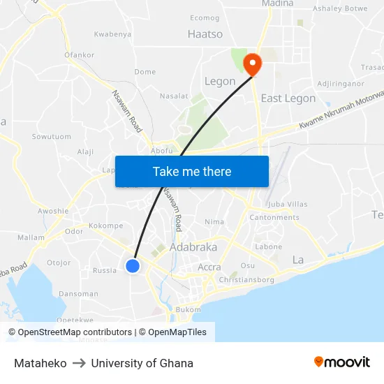 Mataheko to University of Ghana map