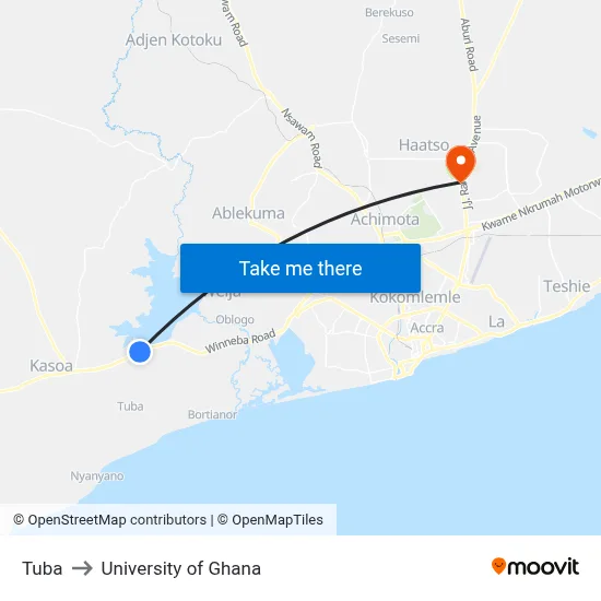 Tuba to University of Ghana map