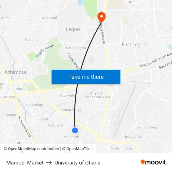 Mamobi Market to University of Ghana map