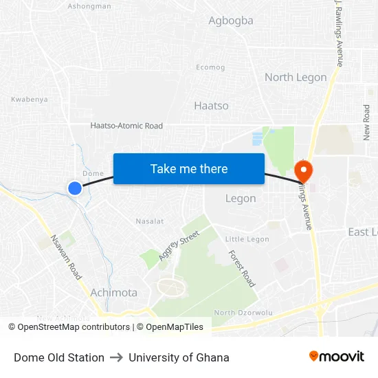 Dome Old Station to University of Ghana map
