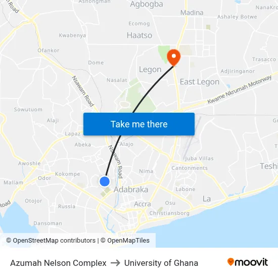 Azumah Nelson Complex to University of Ghana map
