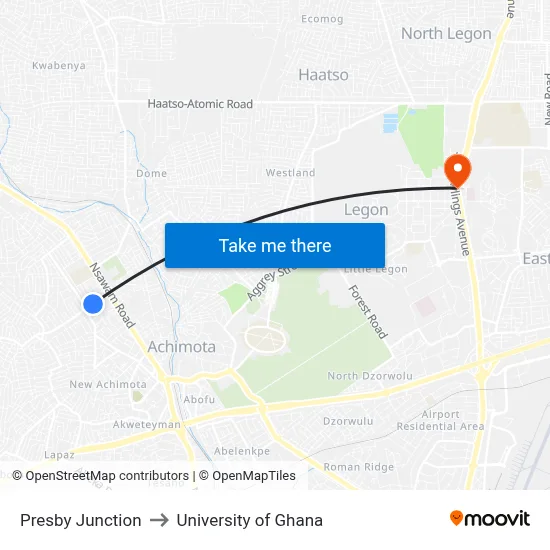 Presby Junction to University of Ghana map