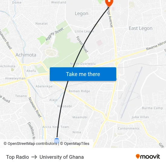 Top Radio to University of Ghana map