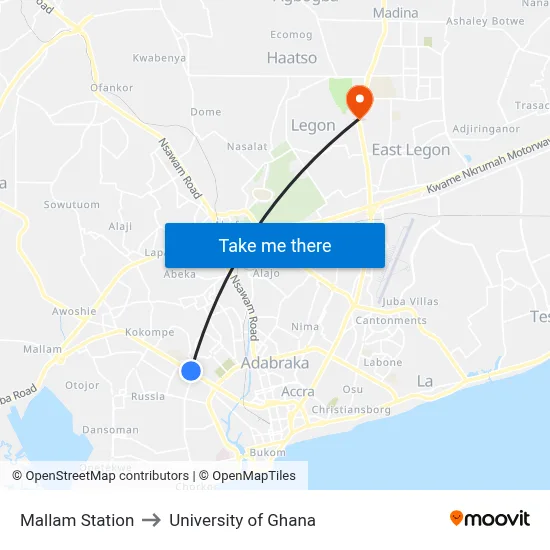 Mallam Station to University of Ghana map