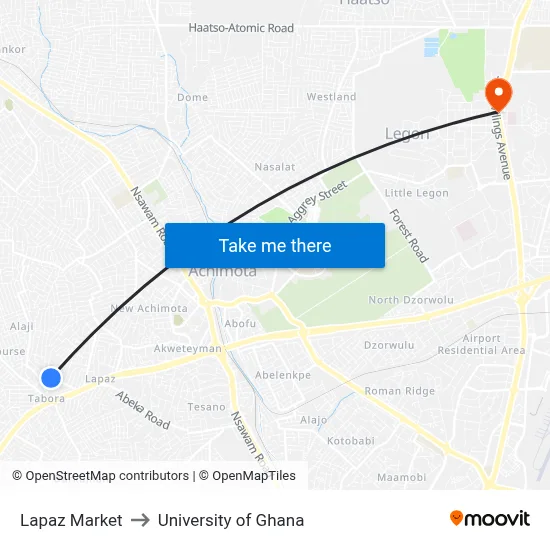 Lapaz Market to University of Ghana map