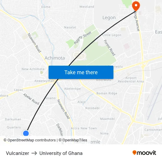Vulcanizer to University of Ghana map