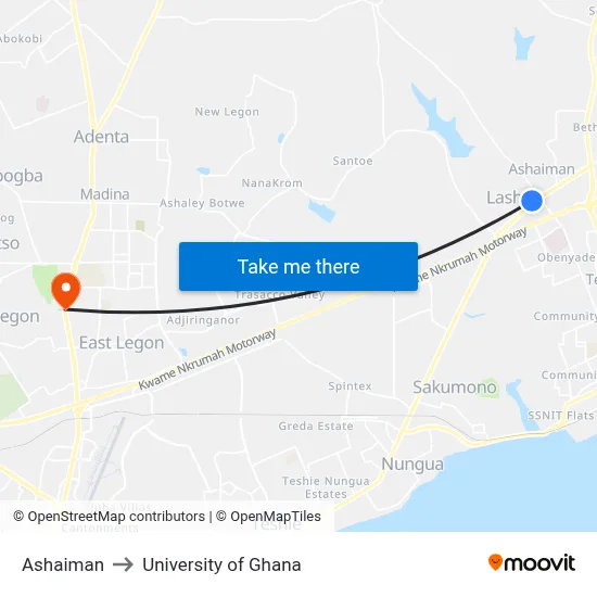 Ashaiman to University of Ghana map