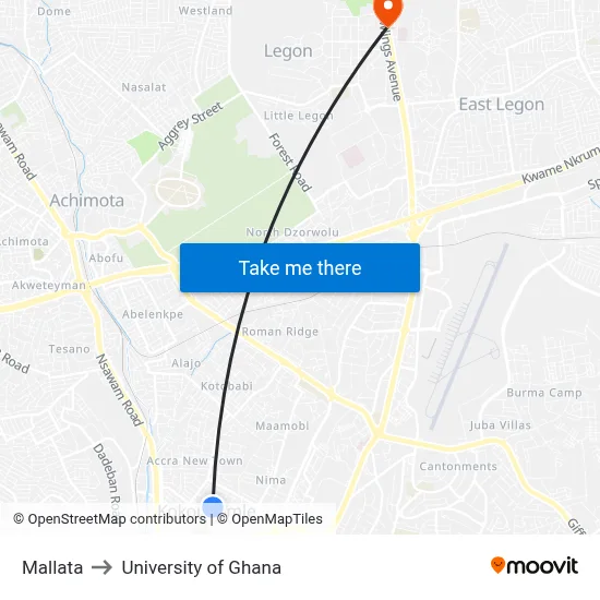 Mallata to University of Ghana map